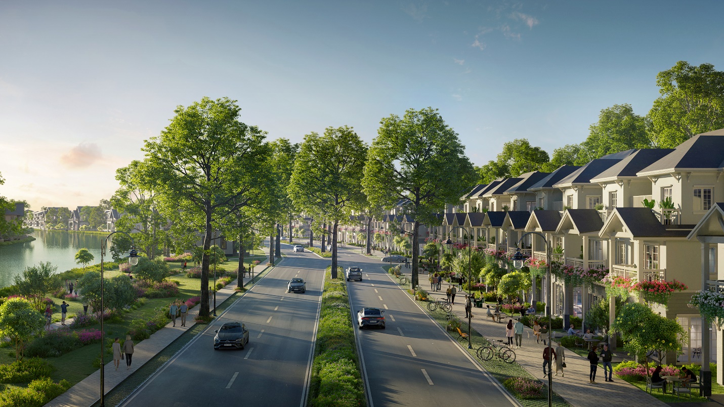 Giao thông nội khu với tuyến đường rộng rãi dưới tán cây xanh là đặc trưng của khu đô thị nhà sáng lập Ecopark